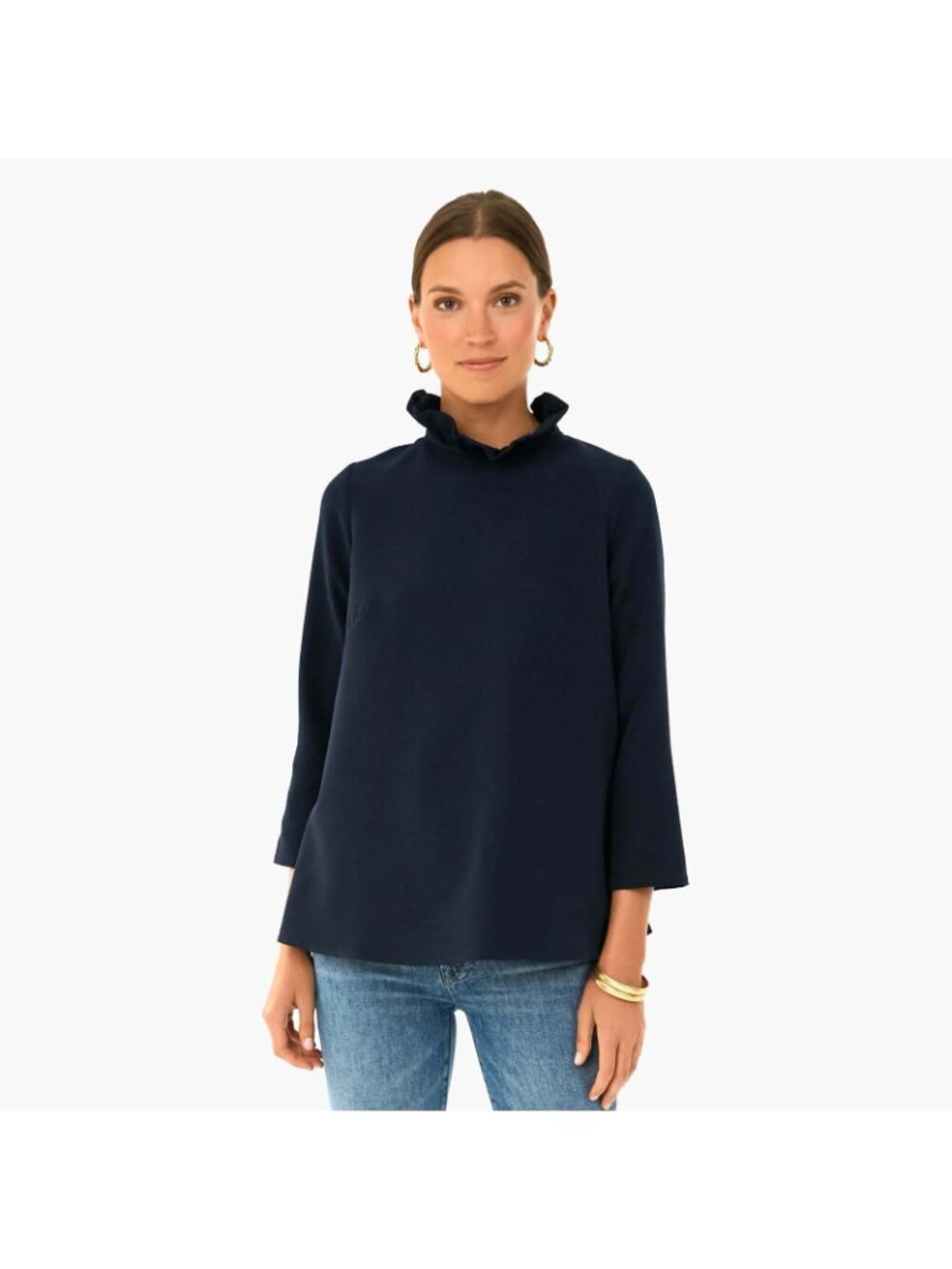 Tuckernuck Navy Blue Faye Blouse size M Swing Top Ruffle Collar Bow Tie